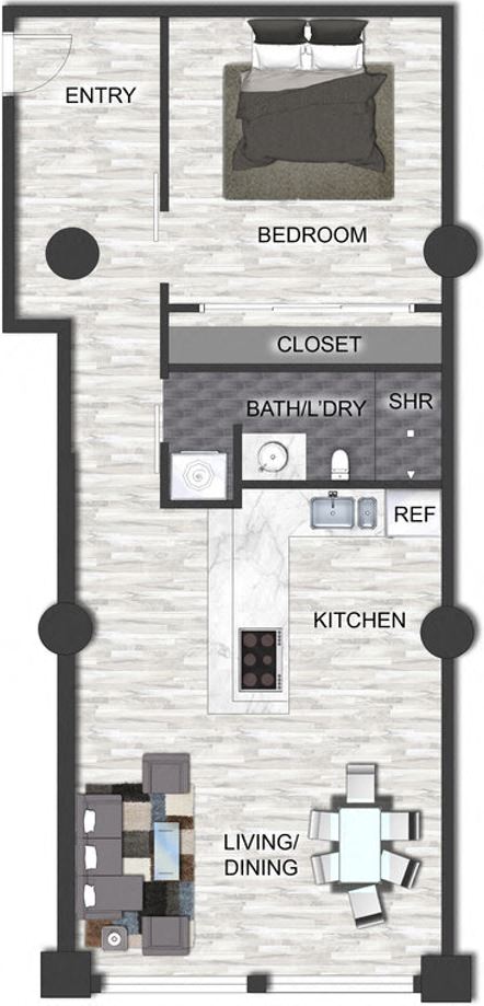 Floor plan for 1 bed, 1 bath, 769 sqft